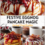 Plate of eggnog pancakes topped with cranberry syrup, maple drizzle, and crispy bacon beside a coffee cup.